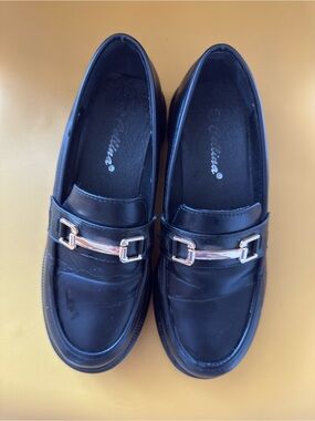 Black Loafer Flats with Gold Buckle